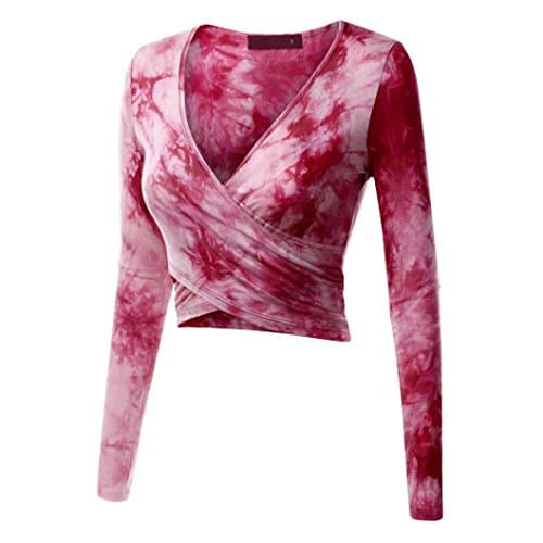 TEE, Leyorie Women Long Sleeve Deep V Neck Unique Wrap Crop Top Shirt Causal Blouse Front Cross T-Shirt