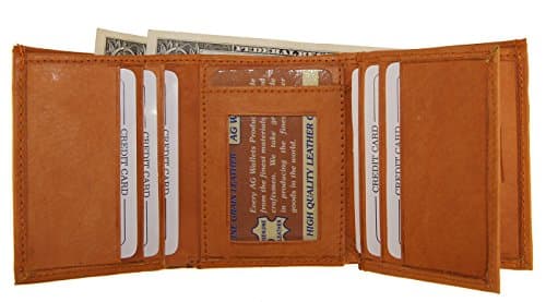 AG Wallets Genuine Cow Leather Trifold Wallets With Center ID Flap (Tan)