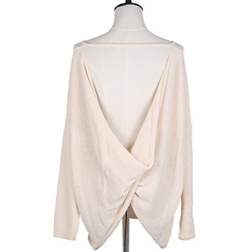 Sexy Backless Long Sleeve Casual Loose Blouse Pullover Tunic Tops Knit Sweater Women Spring Clothing (S/M, beige)
