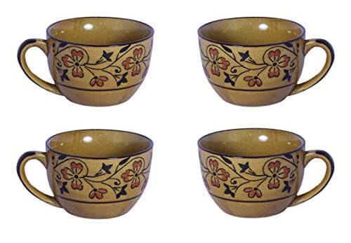 Muddy Stoneware Earthenware Ceramic Soup Bowl with Handle (Glossy Brown & Leaf Pattern, 8oz) -Set of 4