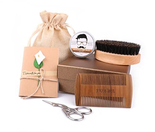 Beard Care Set,Bamboo Pure Boar Bristle Beard Brush, Beard & Moustache Comb,Balm Butter Wax,Small Scissor for Beard and Moustache,Valentine’s Day Gift Set