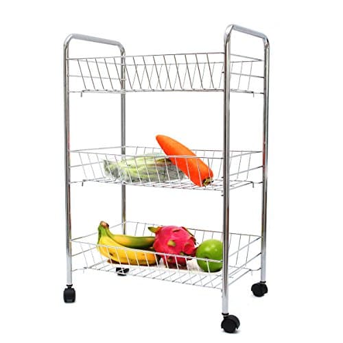 3 Tiers Rolling Cart,Multifunction Chrome Storager for Kitchen Dining Room Bathroom with 3 Removable Basket by LivingAid