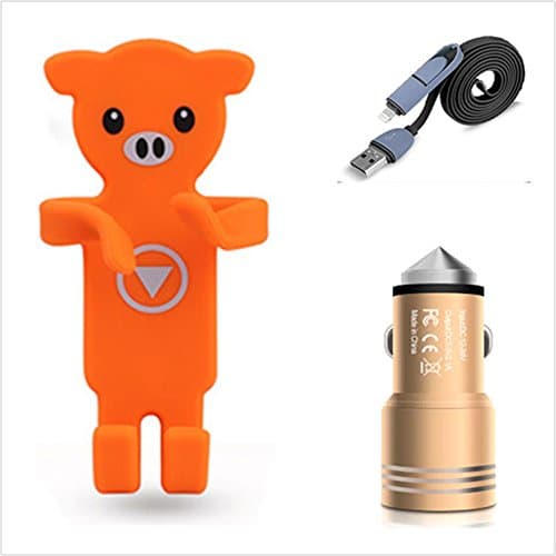 JINGRAN Super 3 In 1-Silicone Bendable Car Air Vent Phone Holder And 2 USB Ports Safety Hammer Car Charger And Lightning-Micro Connectors Cellphone Cable (Orange Piggy)