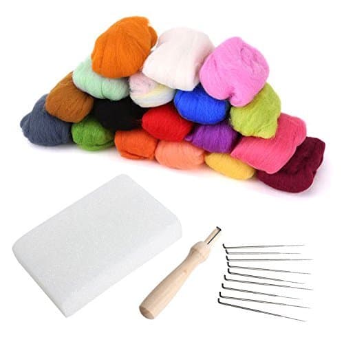 Julyshop 16 Colors Wool Felt + Needles Felt Tool Set Needle Felting Mat Starter Kit Gifts