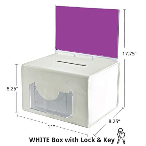 White Extra Large Suggestion Box with Pocket, Lock & Keys 11"w x 8.25"d x 8.25"h