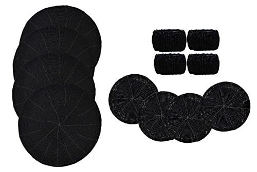 4 Beaded Round Ethnic Placemat/Tablemat(Dia - 12") with 4 Tea Cup Coaster(Dia - 4") and 4 Napkin Ring(Dia -1.5"), Decorative Item, Gifts Purpose, Dining Accessories