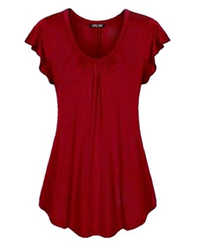 Mirror Womens Round Neck Plus Size Short Sleeve Frill T-Shirt Top Tunic Blouses Wine Red 3XL