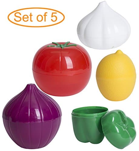 Vegetable Shaped Protectors, 5pc Set - Onion, Pepper, Garlic, Lemon, Tomato - Reusable Hard Plastic Storage Container Shell with Tight Seal and Ventilation Holes - by Perfection Plus
