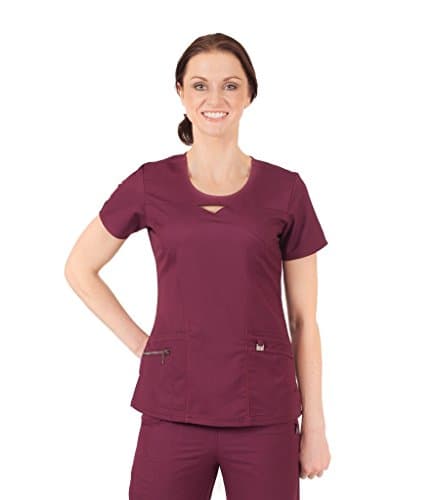 Ergo By Lifethreads Women's Round Keyhole Neck Solid Scrub Top Medium Wine