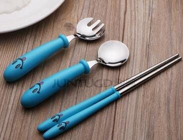 Ecago Stainless Steel Tip Kid Cutlery Set, Spoon Fork Chopsticks, 3 in 1 (Blue), S405