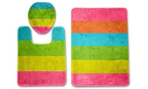 3 PIECES BATHROOM SET BATH MAT COUNTOUR RUG LID COVER PLAIN SOLID COLORS (RAINBOW)