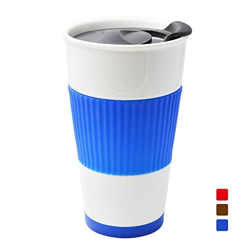 UDMug Car Commuter Travel Coffee Ceramic Cup with Splash Proof Slider Lid, Silicone Sleeve & Built-In Coaster, 14 fl.oz (Blue)