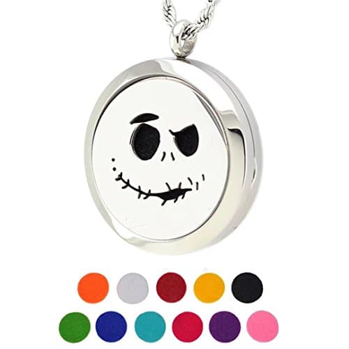 DIB Stainless Steel Aromatherapy Essential Oil Diffuser Halloween Skull 30mm Pendant Necklace, 11 Refill Pads
