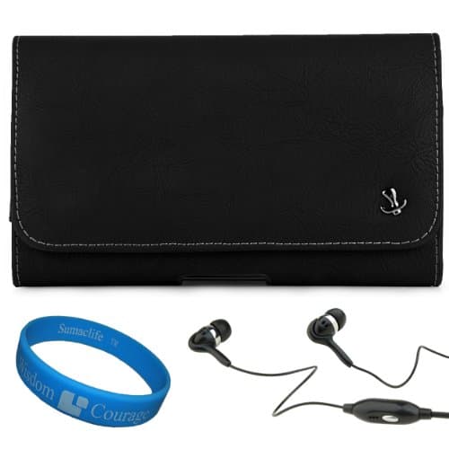 Black Matte Executive Faux Leather Horizontal Holster Case w/ Fixed Belt Clip (SAM331) for LG Optimus G Pro Android Smart Phone + Black 3.5mm Handsfree Hifi Noise Isolating Stereo Headphones with Windscreen Mic + SumacLife TM Wisdom Courage Wristband