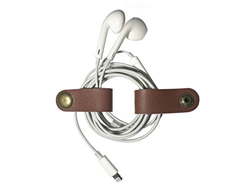 MUCHMO Earphone Organizer with Genuine Leather Handmake, Metal Button 2 pcs Wire Management Snap Desktop Cable Winder for Headset Headphone Wrap Holder