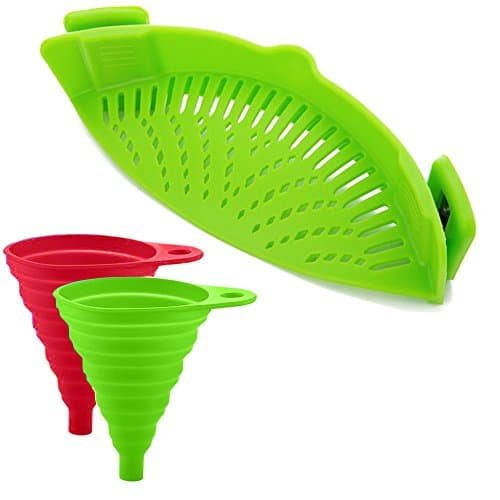 Silicone Snap Strainer with 2 Collapsible Funnels,Colander & Drainer Compact & Flexible BPA Free universal Fits All Pots, Pans & Bowls (Green)