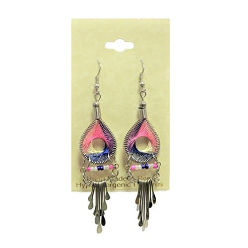 Peruvian Earrings - Dream Catchers Tear Drop Dangle Large Hand Crafted 2 1/2" x 3/4" (PinkWhiteBlue)