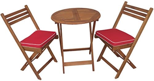 Zen Garden Eucalyptus Foldable 3-Piece Round Bistro Set with Chair Cushions, Teak Wood Finish