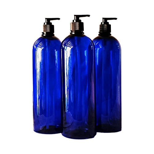 32 oz Cobalt Blue Plastic PET Plastic Bottle with Black Hand Lotion Pump and Kraft Labels (3)