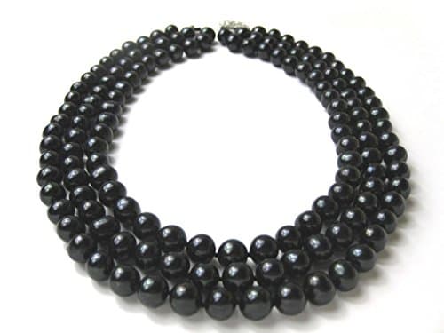 Three Strand 8.5 - 9.5mm Dyed Black Genuine Freshwater Cultured Strung Pearl Strand Necklace alloy clasp -nk53