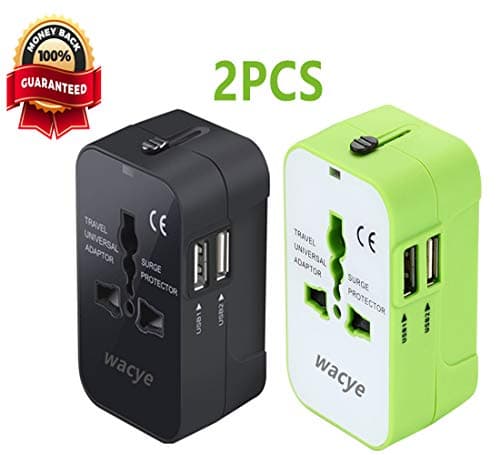 Universal Power Adapter,Wacye AC Plug Wall Charger Travel Adapter(USA UK AU CN Europe) with Dual USB Ports for iPhone,Samsung,iPad iPod,Camera,Laptop (Black+Green)