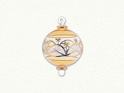 Home and Holiday Shops Yellow Ball with Gold Etched Pattern Egyptian Blown Glass Christmas Ornament