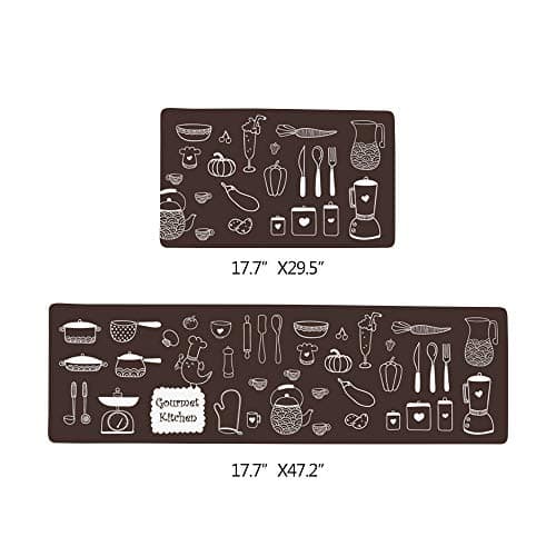 Anti-Slip Door Mat, Super Soft Kitchen Leather Carpet,Prevent Oil Stains Kitchen Mat Mildew Resistant, Anti-Slip, Fruit, Bread, Tableware Design, Easy Clean (18''x30''+18''x47'', Black)