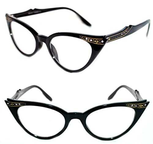 WOMEN'S CAT EYE SMALL RETRO GRADIENT FRAME CLEAR LENS GLASSES WITH GOLD RHINESTONES (All Black)