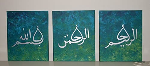 Global Artwork - Handpainted Arabic Calligraphy Islamic Wall Art 3 Piece Oil Paintings on Canvas for Living Room (green)