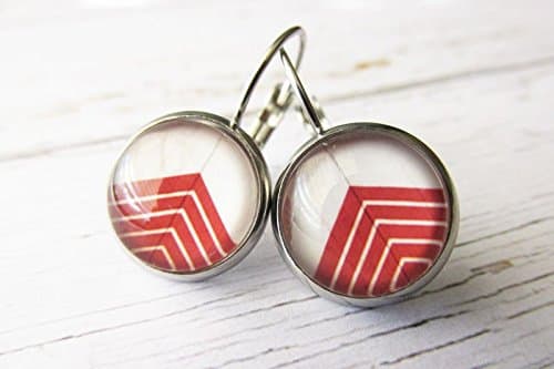 Modern Minimal Red and White Chevron Glass Dome Drop Earrings | Handcrafted Jewellery Accessories for Women | Gift for Her