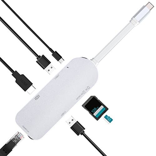 USB Type-C Hub (Thunderbolt 3 Compatible) 4K HDMI and Gigabit Ethernet w/ C PD Charging Port , Aluminum 7 in 1 USB C Multiport Adapter Hub Dongle for 2017/2016 Macbook Pro, Dell XPS (1 Year Warranty)