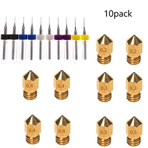 Kee Pang 10pcs MK8 Extruder Nozzle (0.2mm 0.3 mm 0.4mm 0.5mm) Extruder Brass Nozzle Print Head +10 pcs Drill Bits Extruder Nozzle Cleaner for Universal MK8 3D Printer (10pcs Nozzle and Cleaner)