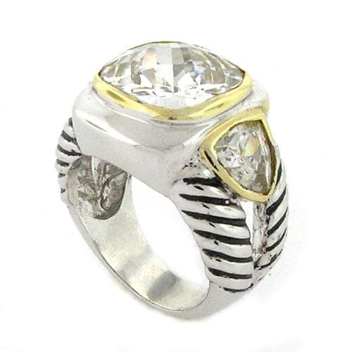 2-tone Superb Designer Ring w/3 White CZs, .925 Sterling Silver, Size 8