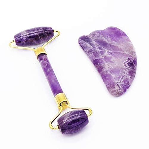 Jade Roller and Gua Sha Tools Set-100% Real Natural Jade Roller For Face To Wrinkles, Anti Aging - Authentic, Durable, Natural, No Squeaks(Amethyst)