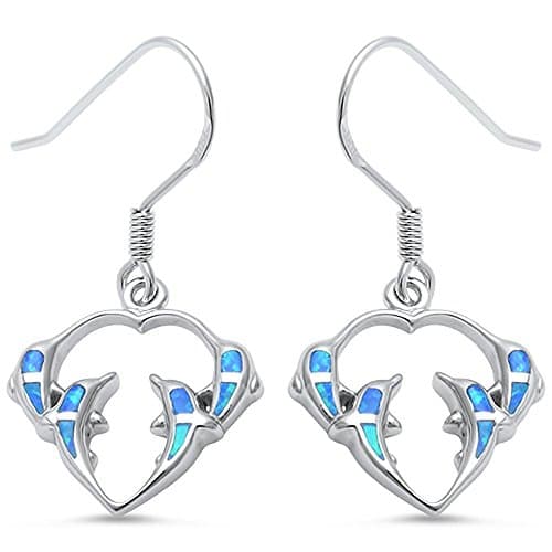 Four Dolphines Blue Created Sapphire Dangle .925 Sterling Silver Earrings