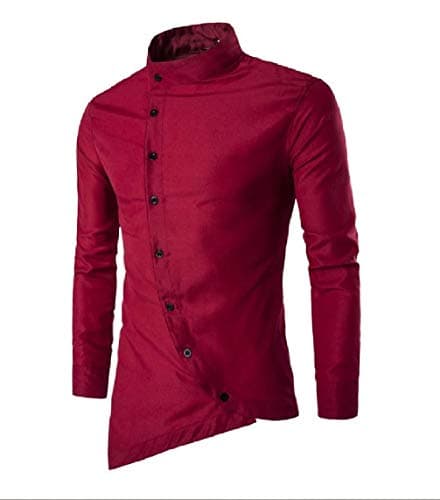 LinkShowMen Stand Collar Asymmetrical Solid Wash Button Down Collar Tee Shirts