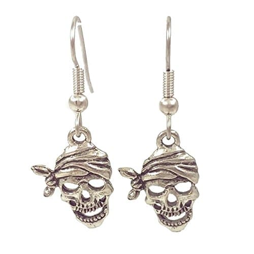 Surgical Steel Dangle Earrings Pirate Skull Silver Tone