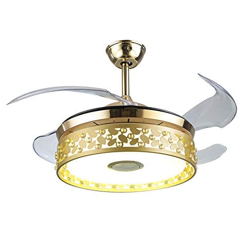 LUOLAX Multi-Function Bluetooth Remote Control Music Ceiling Fan Chandelier LED Invisible Retractable Blades Ceiling Fan Light for Restaurant/Study Room/Living Room/Bedroom (42-Inch Gold Style 3)
