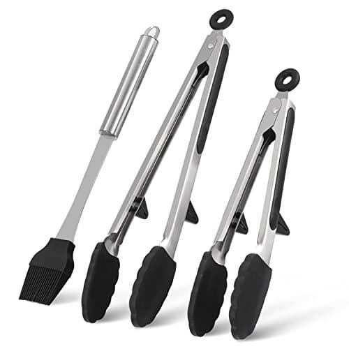 Kitchen Tongs Set-2 Pack(9"&12") Stainless Steel Food Tongs with Basting Pastry Brush, Heat Resistant and Non-Slip, Safe for BBQ,Salads,Grilling,Serving and Cooking,Black