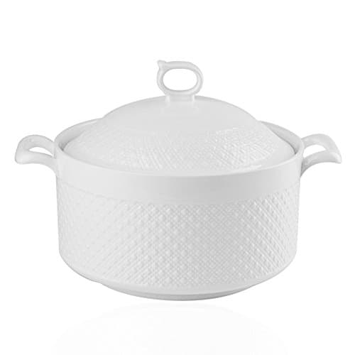 Bakou Double Handle Lid Pure White Ceramic Tureen Soup Pot Thread Relief Heat-resistant Soup Bowl (29CM*23CM*18.5CM)