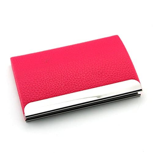 Partstock(TM) Lychee Emboss Pattern PU Leather & Stainless steel Business Name Card Holder Wallet Smooth Leather Credit card ID Case / Holder 22 Name Cards Case For Mens & Ladys with Magnetic Shut.(Rose red)