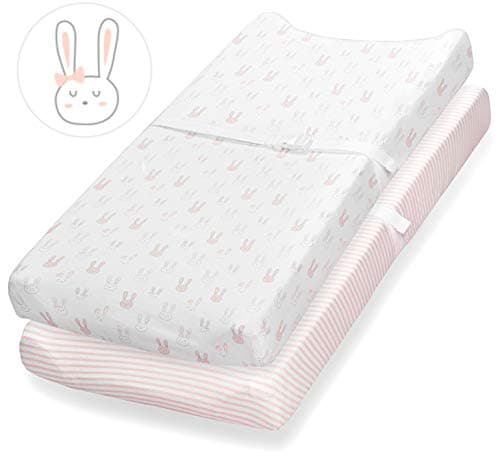 Changing Pad Cover, 2 Pack, 100% Jersey Cotton Sheets for Baby Girl, Pink Bunnies and Stripes by Consciously