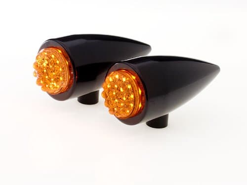 Black Anodized Motorcycle LED Turn Signals, front or rear, with Amber LEDs in Black Anodized Teardrop Housings