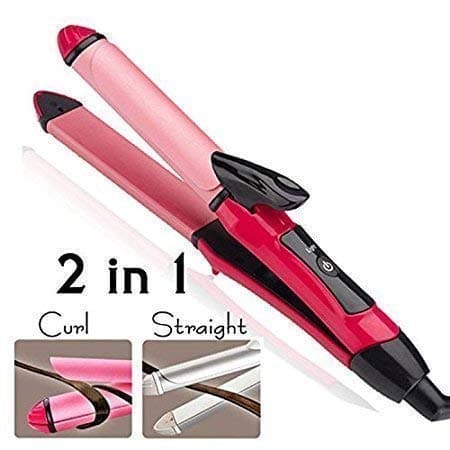 shree krishna 2-in-1 Ceramic Plate Essential Combo Beauty Set of Hair Straightener and Plus Curler (Pink)