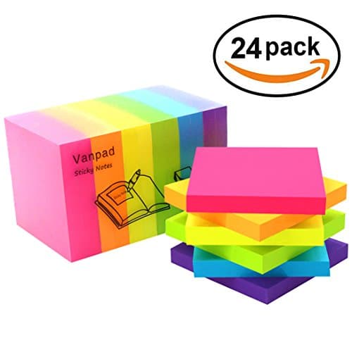 (24 Pack) Sticky Notes, Assorted Stickies of 3 in x 3 in, 100 Sheets/Pack
