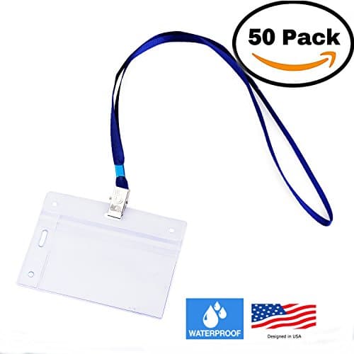 50 VERTICAL & HORIZONTAL Name Tag Holders with Lanyards I Sealable Waterproof Name Badge Holders with Blue Clip Lanyards (50 SETS)