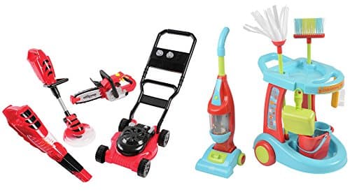 Constructive Playthings Little Helper Toy Bundle with Power Garden Tools and Cleaning Trolley + Vacuum Set