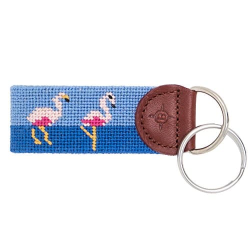 Islanders Hand-Stiched Needlepoint and Leather Key Fob for Keychains, Flamingo/Blue, One Size