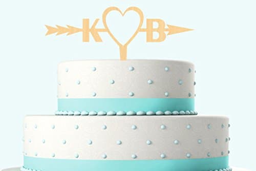 Initial Two Letters Cake Topper, Shooting Love Heart with Arrow Silhouette Wood Wedding Cake Topper.