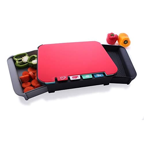 Chopping Board Set Index Coloured Cutting Board Non Slip BPA Free with Stand and 2 Drawer Compartments Set of 4